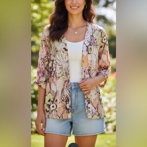 Chicos Womens‎ Sweater Silk Multicolor Floral Open Front Blazer Lightweight Sz 1
